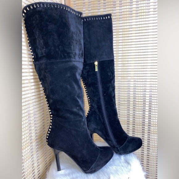 🔶Anne Michelle Over The Knee Black Gold Studded Boots Size 8 - Picture 1 of 5